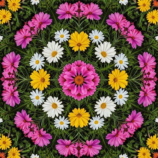 Vibrant digital art of pink, yellow, and white daisies in a circular pattern on a dark green foliage background.