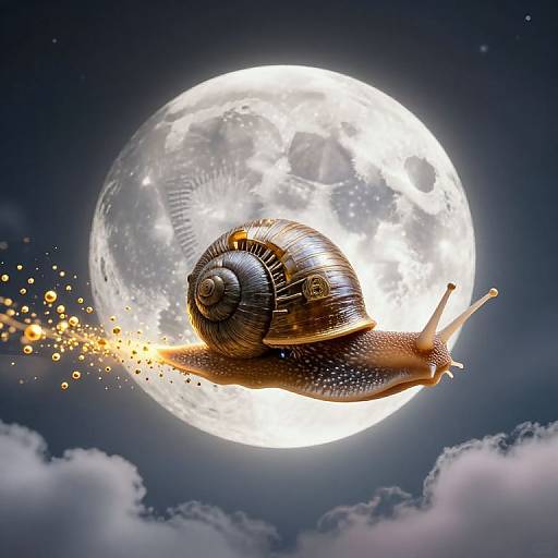 Digital artwork of a snail with a glowing shell speeding across a radiant full moon, surrounded by sparkling particles, against a dark, cloudy night sky.