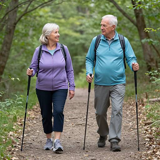 Photograph of an elderly white couple with white hair, wearing blue and purple jackets, using walking poles on a forest path.