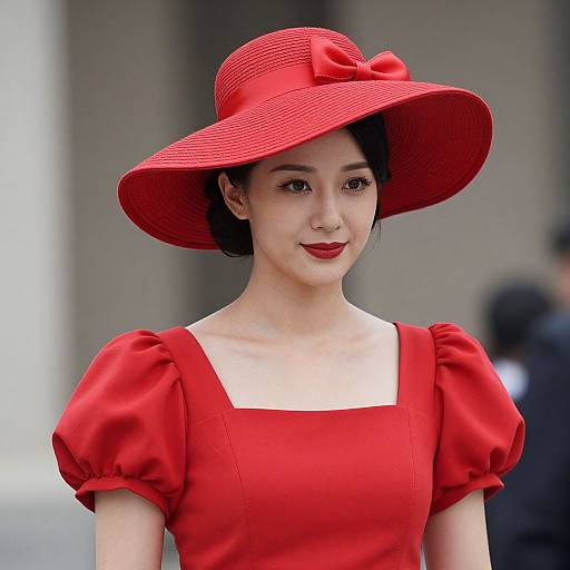 Photograph of an East Asian woman with fair skin, red dress with puffed sleeves, and a large red hat with a bow, smiling, standing