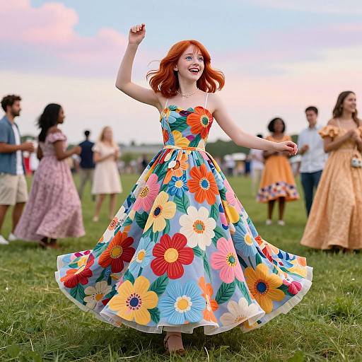 Photograph of a joyful red-haired woman in a vibrant floral dress, dancing in a grassy field with blurred, casually dressed people in the background under