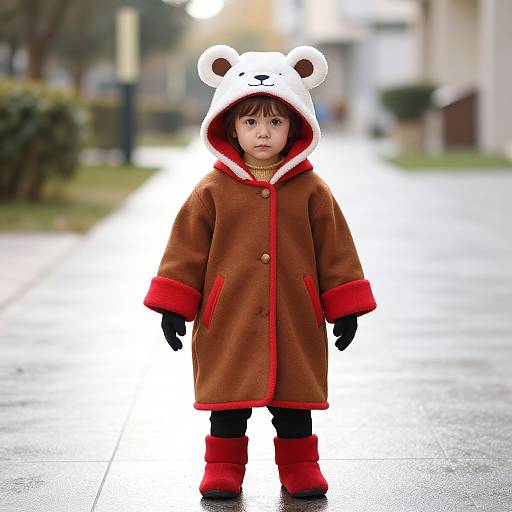 Photograph of a young child standing on a wet sidewalk in a brown bear-themed hooded coat with red trim, black gloves, and red boots,