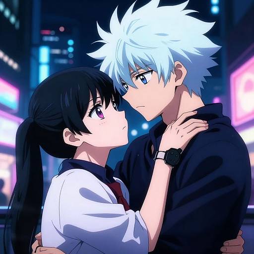 Anime-style digital drawing of a white-haired man in a black shirt, holding a black-haired girl with purple eyes in a white blouse, gazing at