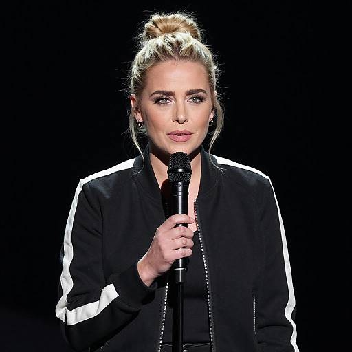 Focused Blonde Woman Singing on Stage