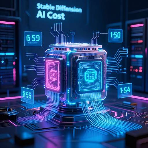 Neon-lit digital hub with glowing blue and pink circuit boards, displaying 6.59, 1.50, and 1.54