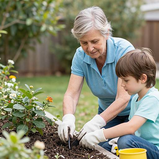 Photograph of an elderly woman and young boy wearing blue shirts and white gloves, planting flowers in a garden with greenery and a wooden fence in the