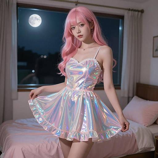 Photograph of a young Asian woman with long pink hair, wearing a shiny, iridescent silver dress, standing in a moonlit bedroom.