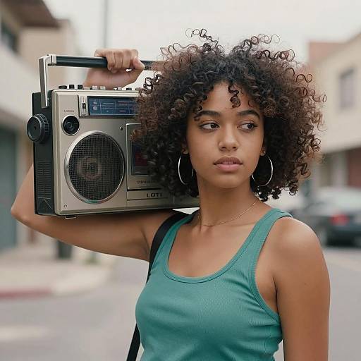 Young Woman Carrying Vintage Boombox