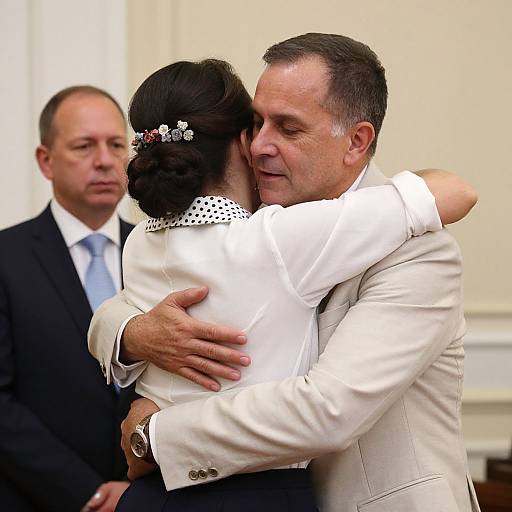 Photograph of a middle-aged man in a white suit hugging a woman in a white blouse with a polka dot collar, both closed-eyed,