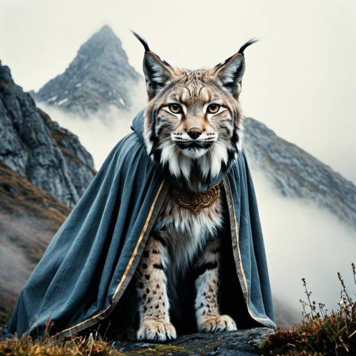 Lynx in Cloak on Foggy Mountain