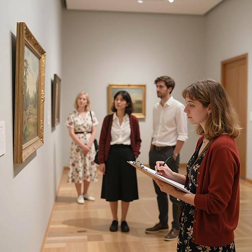 Visitors Observing Art in Museum Hallway