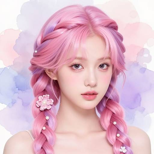 Digital anime-style portrait of a young woman with pink hair in twin braids, adorned with white flowers and pearls, against a soft pastel background.