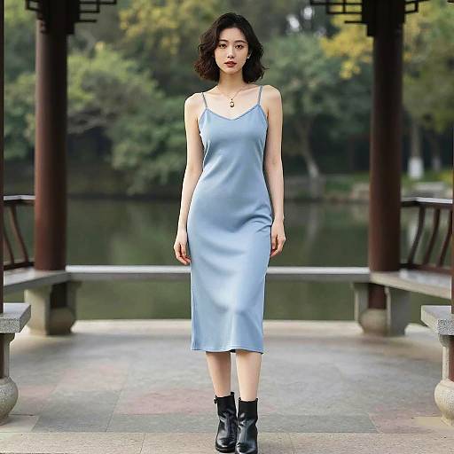 Pear-Shaped Woman in Elegant Lakeside Dress