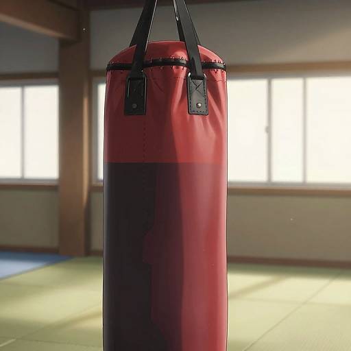 Photograph of a red and black vinyl punching bag hanging in a sunlit, wooden-walled dojo with bright windows in the background.