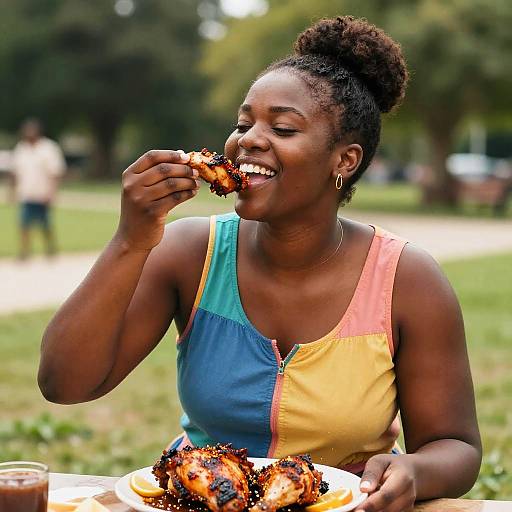 Joyful Woman Enjoying Spicy Grilled Chicken