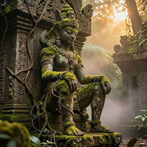 Photograph of a moss-covered, ancient stone statue of a serene Hindu deity, seated on a detailed temple pedestal, surrounded by dense jungle foliage and warm