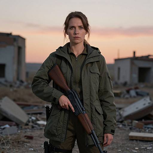 Photograph of a determined, brown-haired woman with a serious expression, holding a rifle, wearing a green military-style jacket, standing in a ruined,