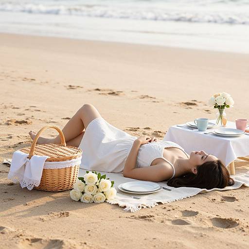 Photograph of a woman in a white dress, lying on a beach blanket, with a wicker basket, flowers, and a tea set. Ocean