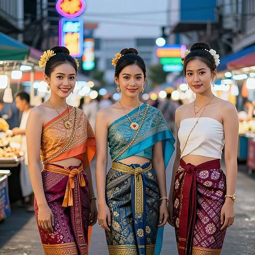 Photograph of three Asian women in traditional Thai attire, standing on a busy evening street market, wearing colorful sarongs, gold jewelry, and floral hair