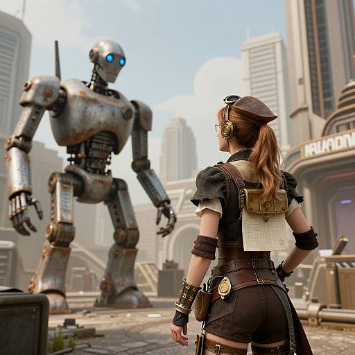 Digital art: Steampunk woman with brown hair, goggles, and leather outfit faces glowing blue-eyed, rusted robot in futuristic cityscape.