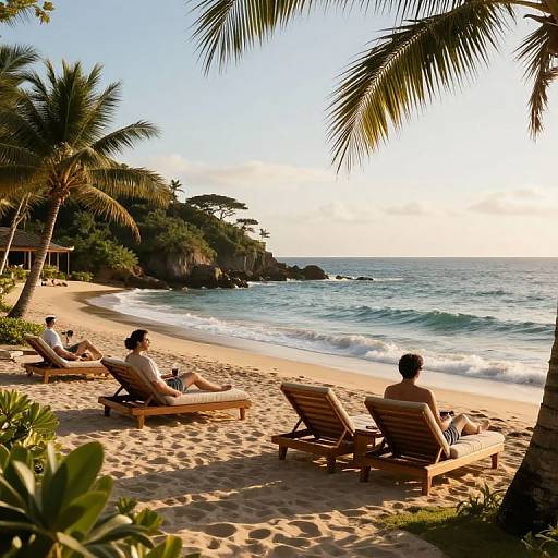 Photograph of three people relaxing on wooden beach chairs under palm trees, overlooking a serene, sunlit ocean with gentle waves.