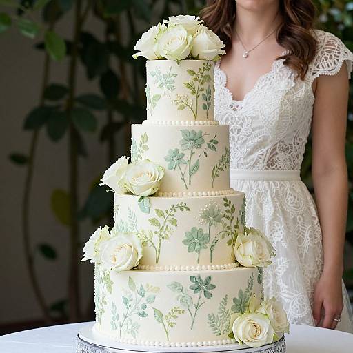 Photograph of a bride in a white lace dress beside a four-tiered, cream-colored wedding cake adorned with white roses and green floral accents. Background