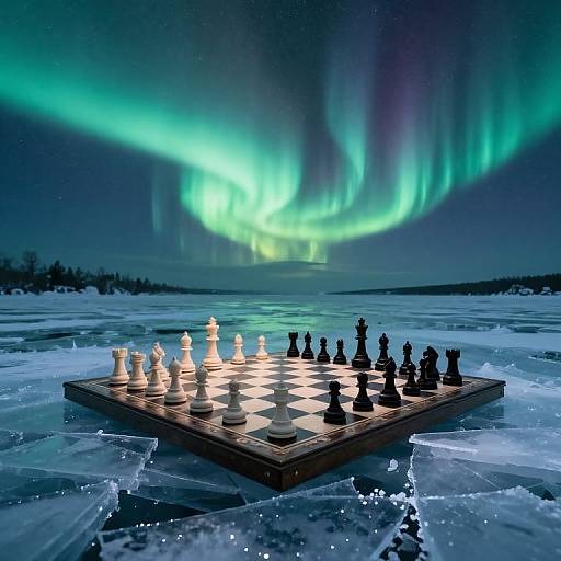 Photograph of a chessboard with black and white pieces floating on icy water under vibrant green and blue Northern Lights.
