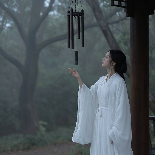 Photograph of an Asian woman in a white kimono, standing outdoors, touching a black lantern hanging from a wooden structure, surrounded by misty forest