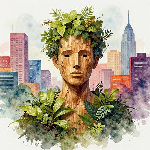 Wooden Man with Foliage in Vibrant Cityscape