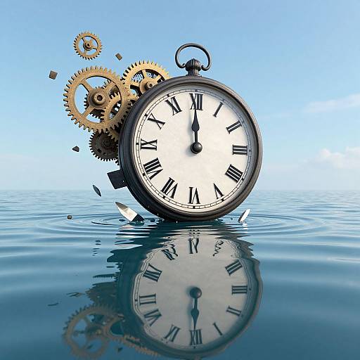 Photograph of a classic black pocket watch with Roman numerals, floating in water, surrounded by brown gears, against a clear blue sky. The watch