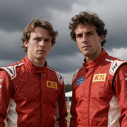 Two Male Race Car Drivers in Red Racing Suits