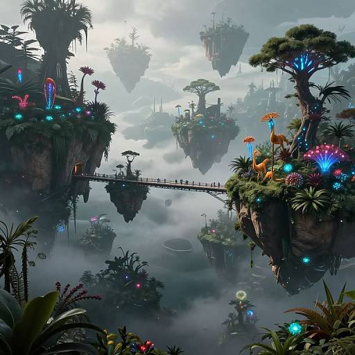 Fantastical CGI scene of floating islands with lush vegetation, glowing plants, a suspension bridge, and misty atmosphere. Whimsical, vibrant,