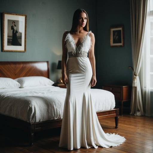 Elegant Woman in White Evening Gown in Bedroom