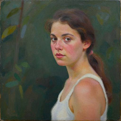 Oil painting of a young woman with fair skin, brown hair in a ponytail, wearing a white tank top, looking somber against a dark,
