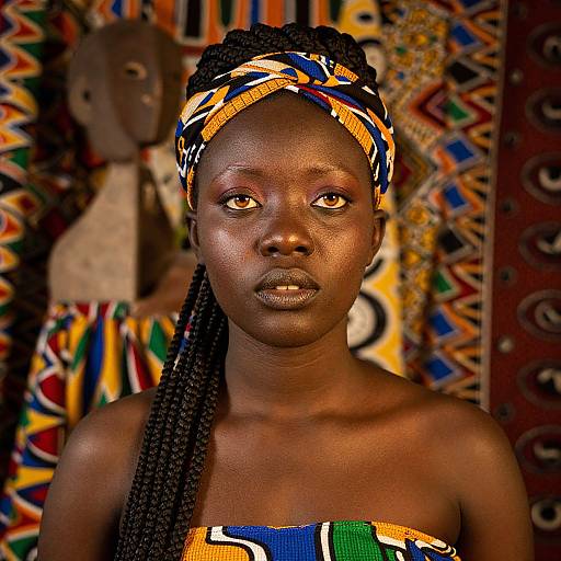 Photograph of a dark-skinned African woman with braided hair, wearing a colorful headwrap and strapless patterned top, set against a vibrant