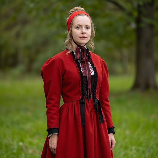 Photograph of a fair-skinned woman with blonde hair wearing a red Victorian-style dress, black trim, and red headband, standing in a green
