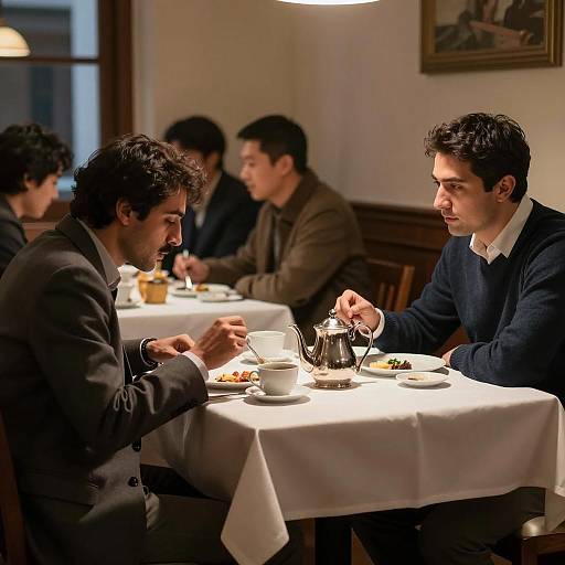 Two Men Dining in Dimly Lit Restaurant