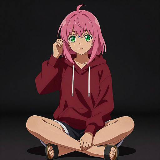 CGI Anime Girl with Pink Hair Sitting Cross-Legged