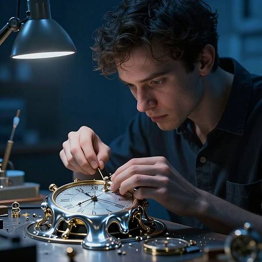 Photograph of a focused young man with curly hair, wearing a black shirt, meticulously repairing a brass clock under blue studio light.