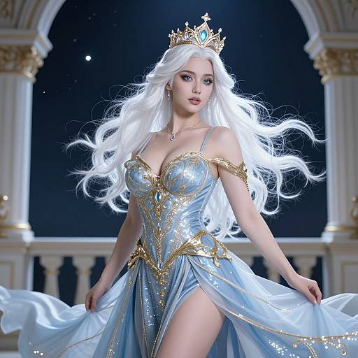 Digital art of a fair-skinned, white-haired queen with a gold and blue tiara, wearing a shimmering, strapless, blue gown with