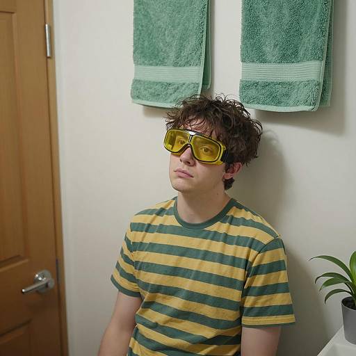 Confused Young Man in Colorful Bathroom