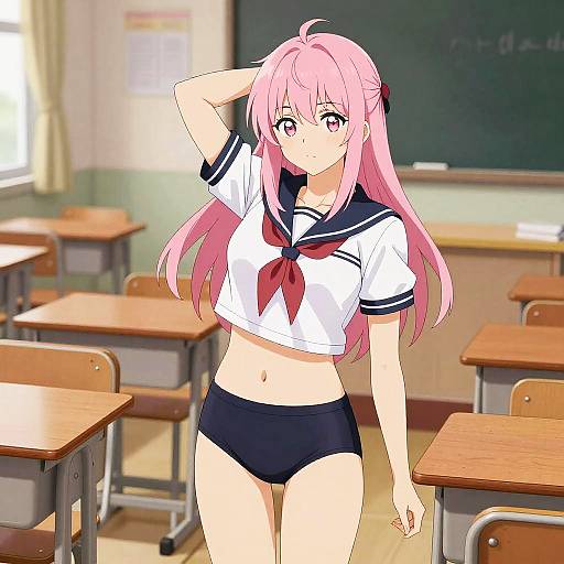 Anime-style digital drawing of a pink-haired girl in a white sailor top with red necktie and black panties, standing in a sunlit empty classroom with