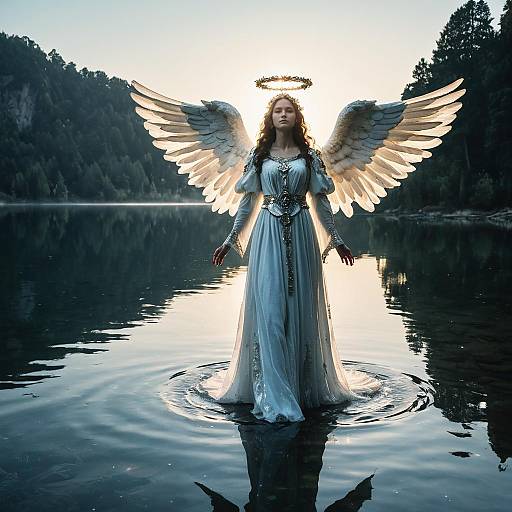 Angel Hovering Over Lake at Dawn