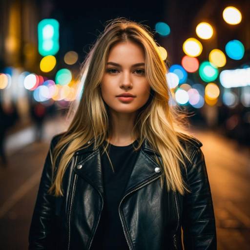 Stylish Young Woman in Leather Jacket at Night