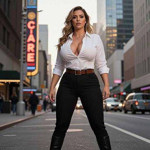 Photograph of a confident, curvy woman with long, wavy brown hair, wearing a white button-up shirt, black pants, and brown belt