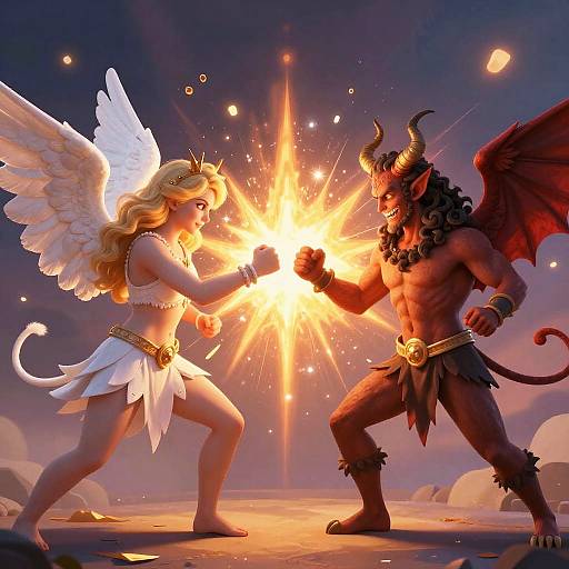 Digital artwork of a blonde angel woman in white fighting a muscular, dark-skinned demon with red wings, both fists glowing with energy, set against a
