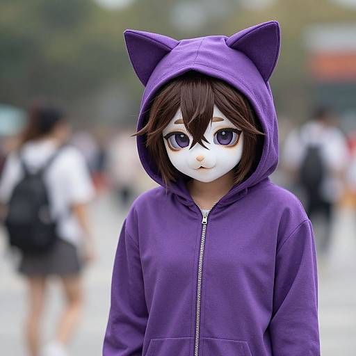 Photograph of an anime-style girl with white face, large black eyes, brown hair, wearing a purple hooded cat-eared hoodie, standing in