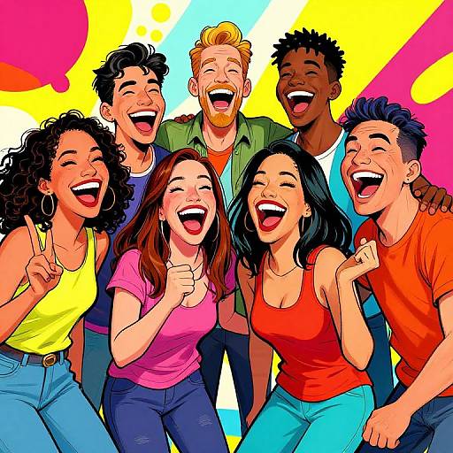 Colorful digital illustration of six laughing friends with diverse skin tones, hairstyles, and clothing, standing close together against a vibrant, abstract background.
