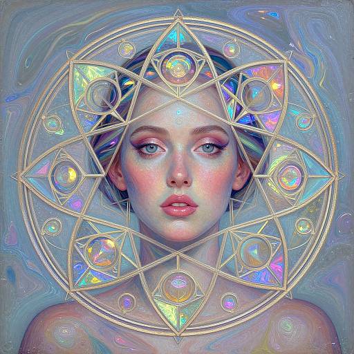 Digital art of a pale-skinned woman with blue eyes, pink lips, and short blonde hair, surrounded by a glowing, geometric, iridescent