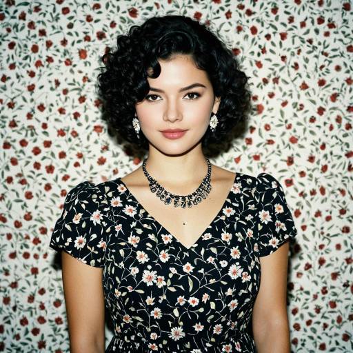 Curly Haired Woman in Floral Dress with Jewelry